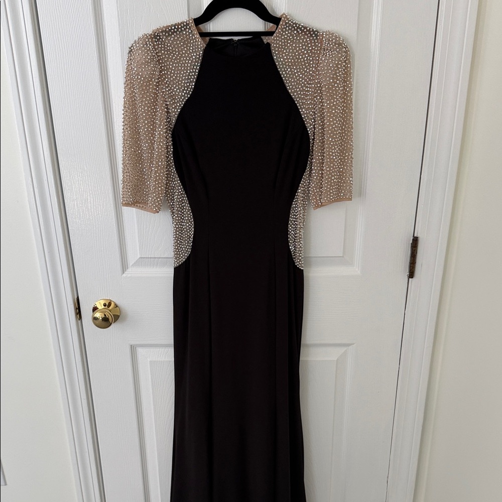 Xscape Black Dress with Gold Beaded Sleeves
